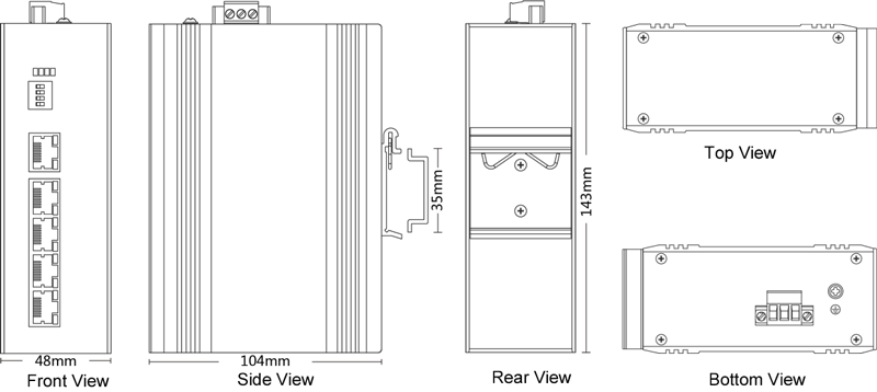 Dimension of Industrial Din-rail Unmanaged Booster PoE Switch 5x10/100Base-T Dimension of Industrial Din-rail Unmanaged Booster PoE Switch 5x10/100Base-T