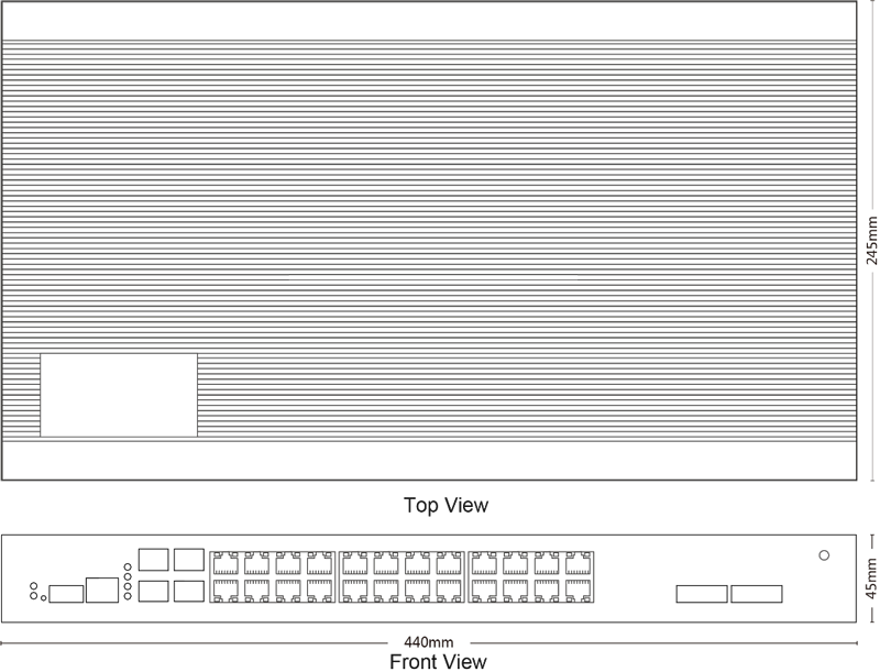 Dimensions of Industrial Rackmount L2 Managed PoE Switch 24x10/100/1000M RJ45, Uplink 4x1G SFP Dimensions of Industrial Rackmount L2 Managed PoE Switch 24x10/100/1000M RJ45, Uplink 4x1G SFP