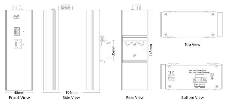 Dimension of Industrial Din-rail PoE Media Converter 1x1000Base-X, 1x10/100/1000Base-T