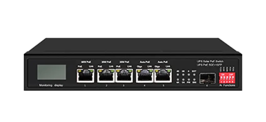 15A UPS Solar PoE Ethernet-Schalter mit OLED 1GE 60W PoE 2GE 30W PoE 2GE Auto PoE 1GE SFP