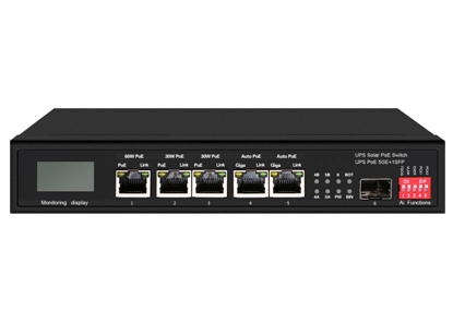UPS Solar PoE Ethernet-Schalter mit OLED 1GE 60W PoE 2GE 30W PoE 2GE Auto PoE 1GE SFP