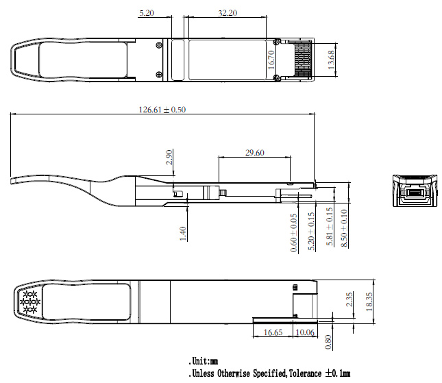 Outline Drawing (mm) of 2x100GBASE-SR4 QSFPDD Optical Transceiver