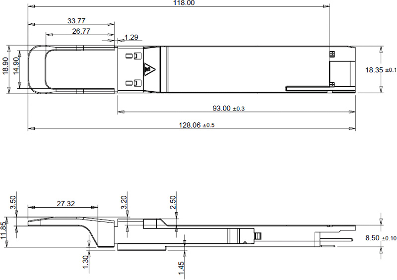 Outline Drawing (mm) of 400Gb/s QSFP-DD DR4 500m Transceiver