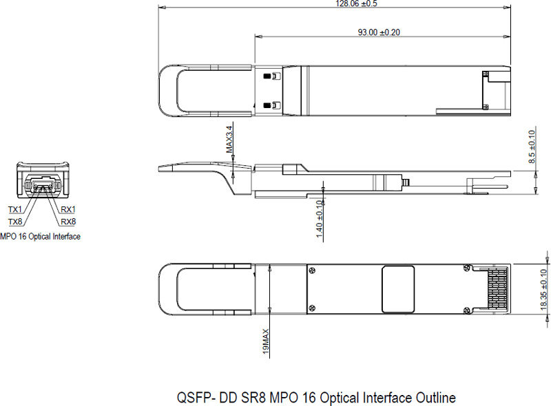 Outline Drawing of 400Gb/s QSFP-DD SR8 100m Transceiver Outline Drawing of 400Gb/s QSFP-DD SR8 100m Transceiver