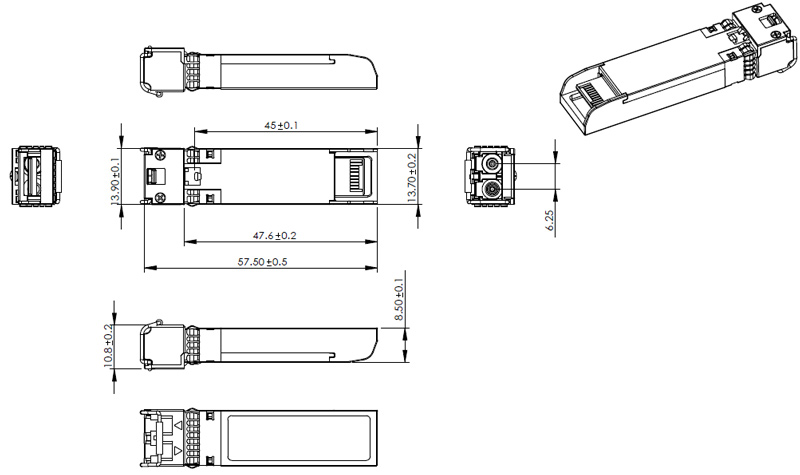 Outline Drawings (mm) of 10Gb/s SFP  CWDM 60km Transceiver
