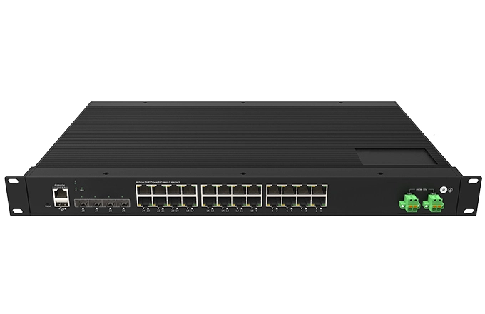 Industrieller Rack mount Schicht 3 Managed Switch 24x0/100/1000M RJ45, Uplink 4x1G/2,5G SFP