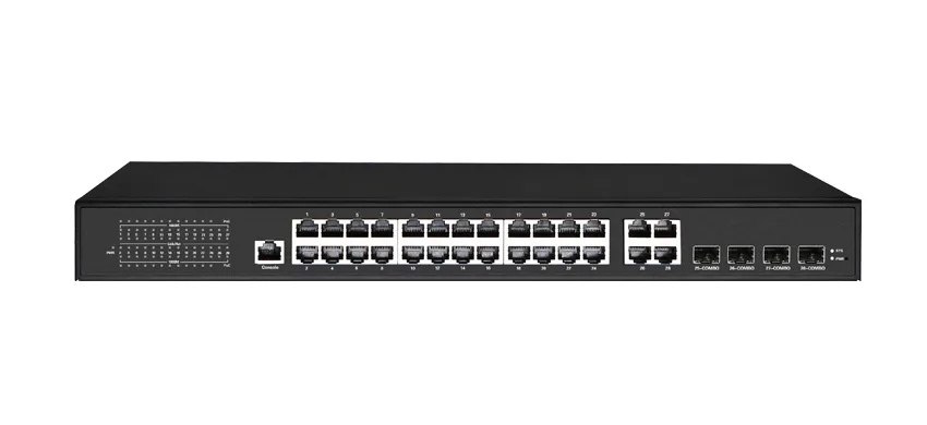 Zugriffs schalt schicht 3 Lite verwaltet 24x0/100/1000M RJ45 PoE (Port 1-2 PoE BT90w), 4x1000M Combo (RJ45/SFP)