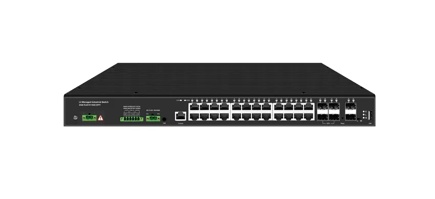 Industrieller Rack mount Layer 3 Managed Switch 24Port 10/100/1000M RJ45, Uplink 6Port 10G SFP Redundant Dual Power Input AC100-240V und DC12-57V